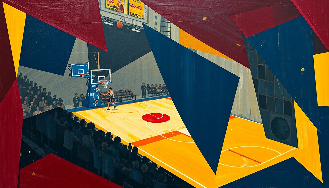 A cubist-style painting featuring sharp, overlapping geometric shapes in deep maroon, navy blue, and golden yellow, conceptually representing the upheaval and uncertainty facing the Texas Southern men's basketball program.
