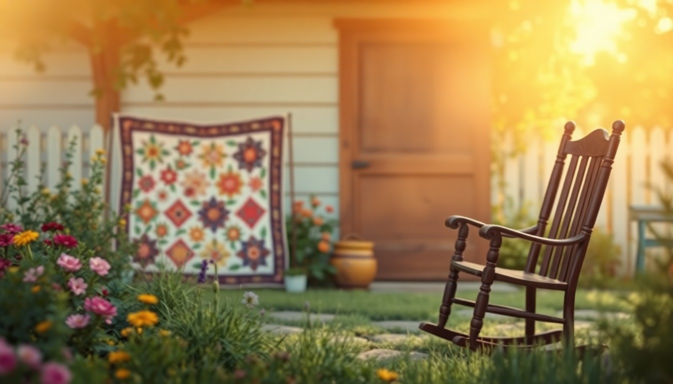 A blurred, impressionistic photograph in warm, earthy tones depicting a cozy domestic scene with a quilt, a rocking chair, and a garden, conveying a sense of tranquility and the simple pleasures that defined Pauline's life.