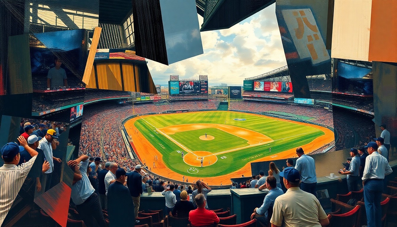 A cubist-style painting featuring overlapping, angular shapes and planes in shades of blue, green, and red, representing the fragmented and disjointed nature of the Mariners' batting performance.