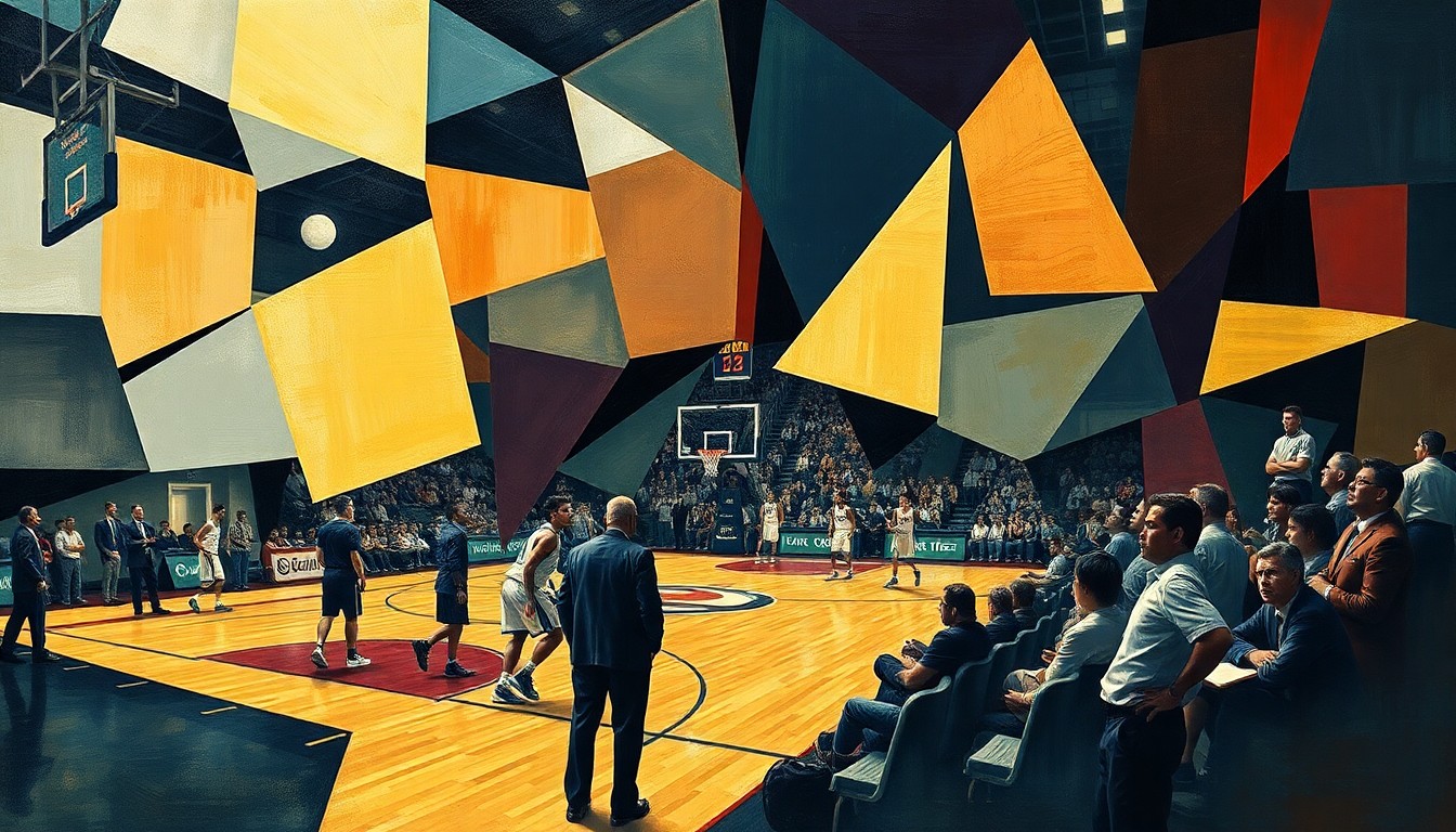 A cubist, geometric illustration depicting the fragmented elements of a college basketball game, with players, coaches, and the court itself broken down into sharp, overlapping shapes and planes.
