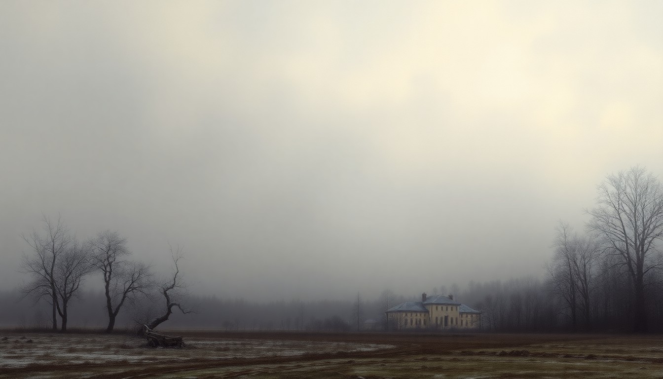 A vast, misty landscape painting in muted tones of gray and blue, with only the faint outlines of bare trees and a distant building visible through the heavy fog, conveying the overwhelming scale and power of the natural environment.