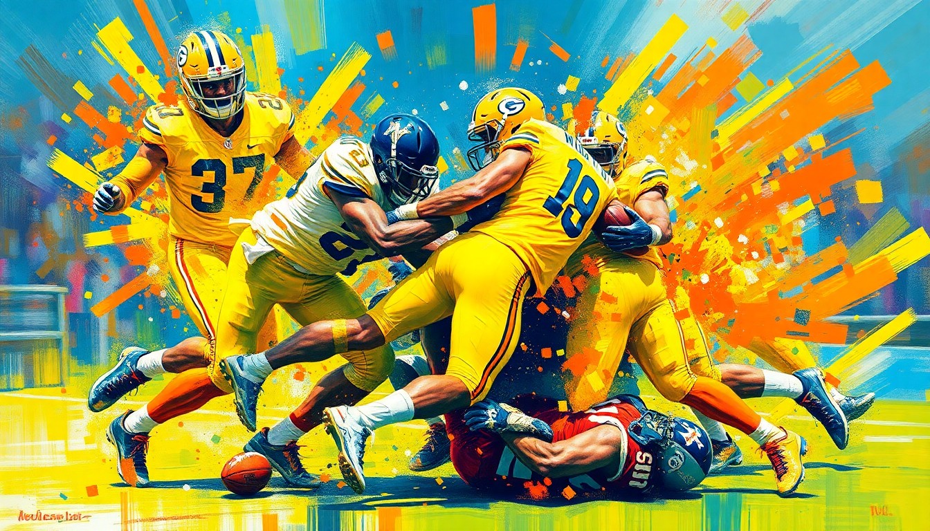 An abstract, energetic painting in neon colors depicting the violent collision of a football tackle, with players' bodies and equipment dissolving into expressive brushstrokes.