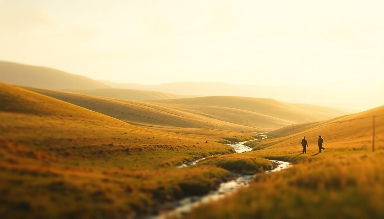 A serene, impressionistic landscape in soft, muted tones, conveying a sense of rural peacefulness and nostalgia.