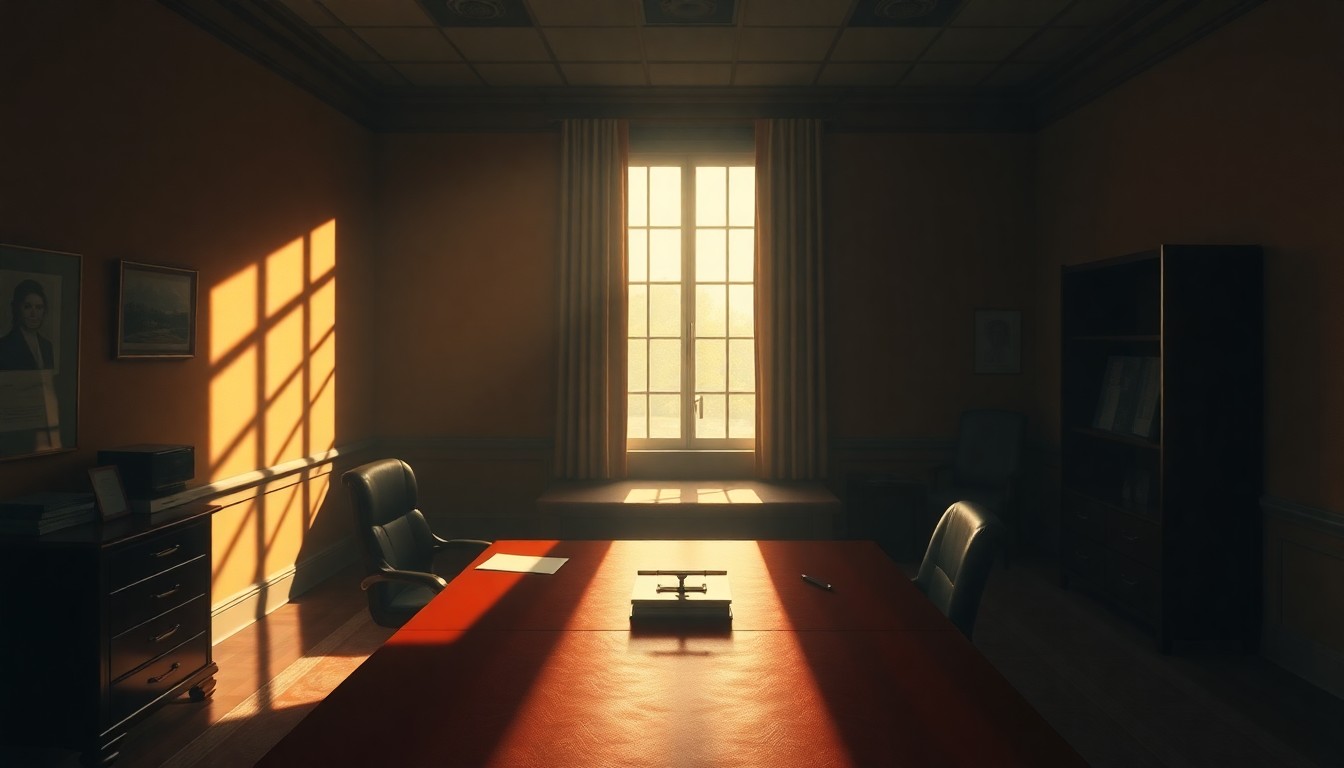 A dimly lit, cinematic painting of a simple wooden desk in an empty office, the surface reflecting a faint glow from a window casting diagonal shadows across the scene, evoking a sense of unease and uncertainty.