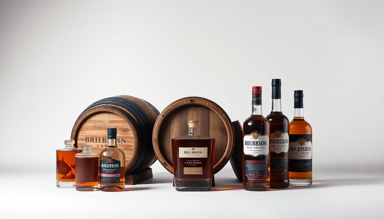 A photorealistic studio still life featuring a collection of premium oak bourbon barrels and bottles, arranged elegantly on a clean, monochromatic background and using dramatic lighting to symbolize the complex market forces shaping the bourbon industry.