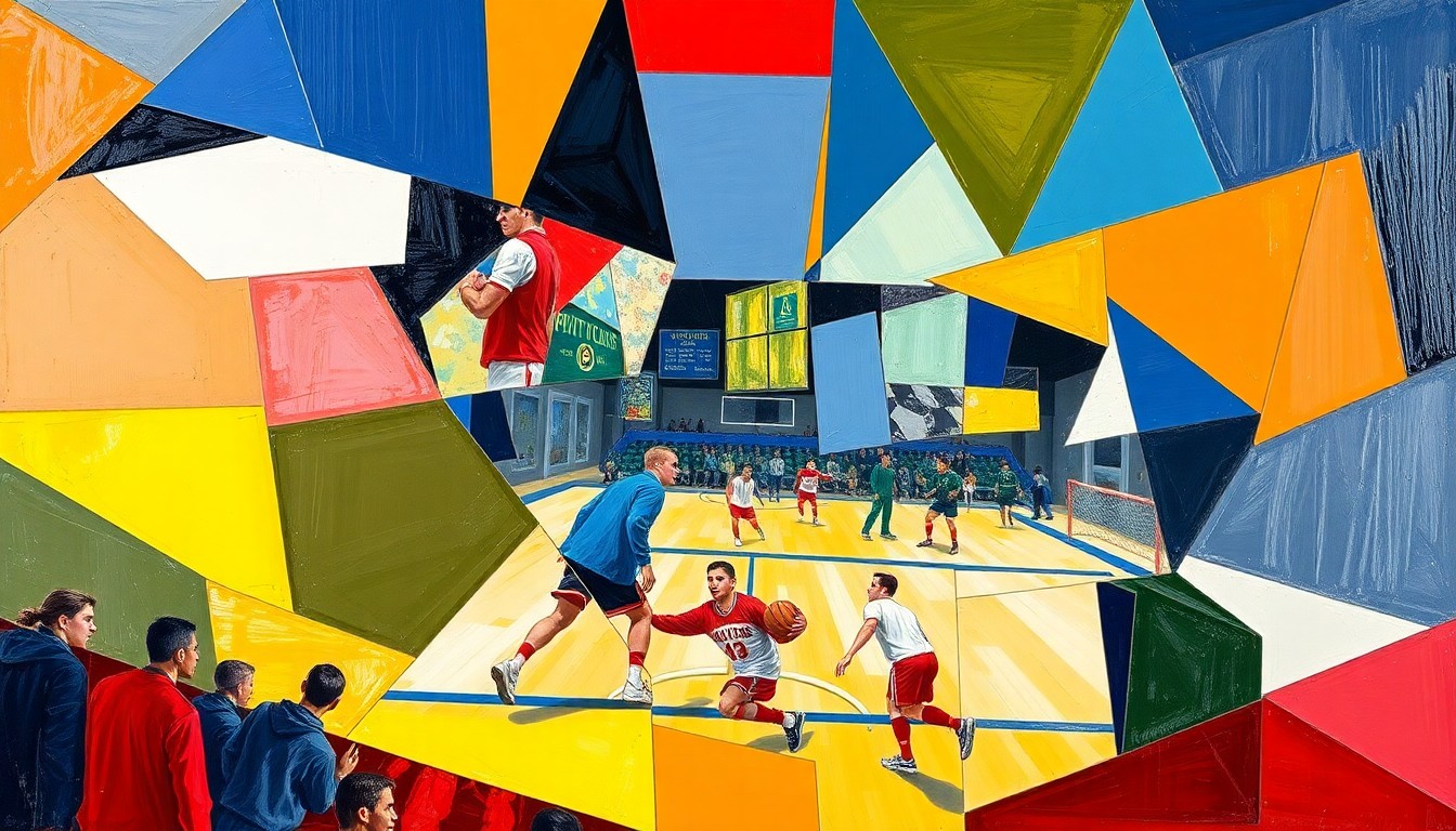 A fragmented, geometric painting in bold primary colors representing the dynamic action of a high school sports competition.