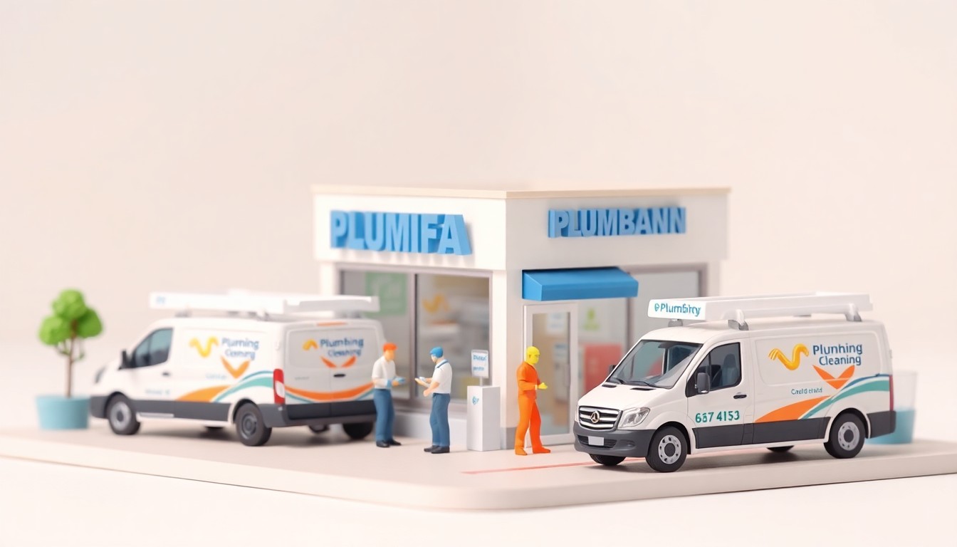 A detailed, isometric 3D illustration of a small plumbing business, with colorful service trucks, workers, and a storefront in a clean, modern style, representing the milestone anniversary of a family-owned company.