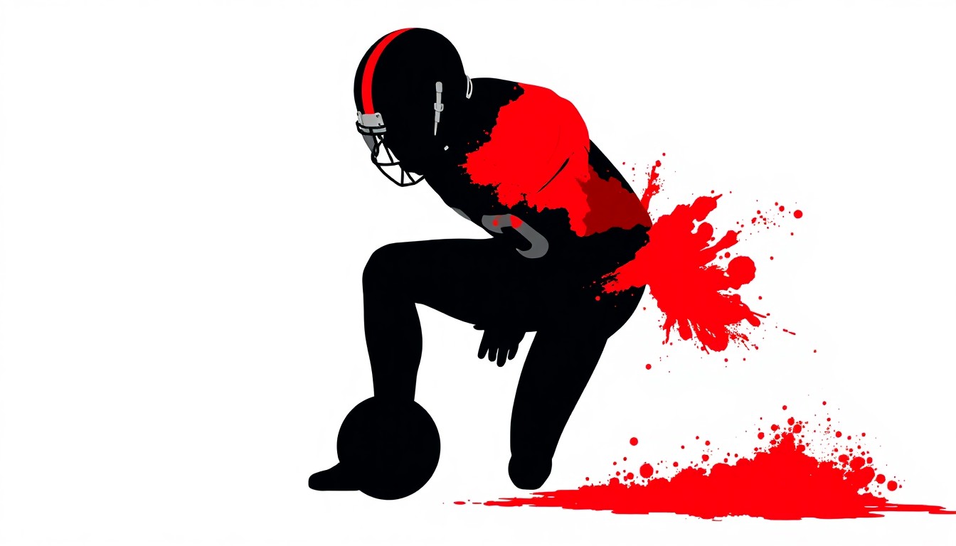 A stark black and white silhouette of a football player kneeling, with a single splash of vibrant red, conceptually representing the social impact and lasting legacy of Colin Kaepernick's protests.