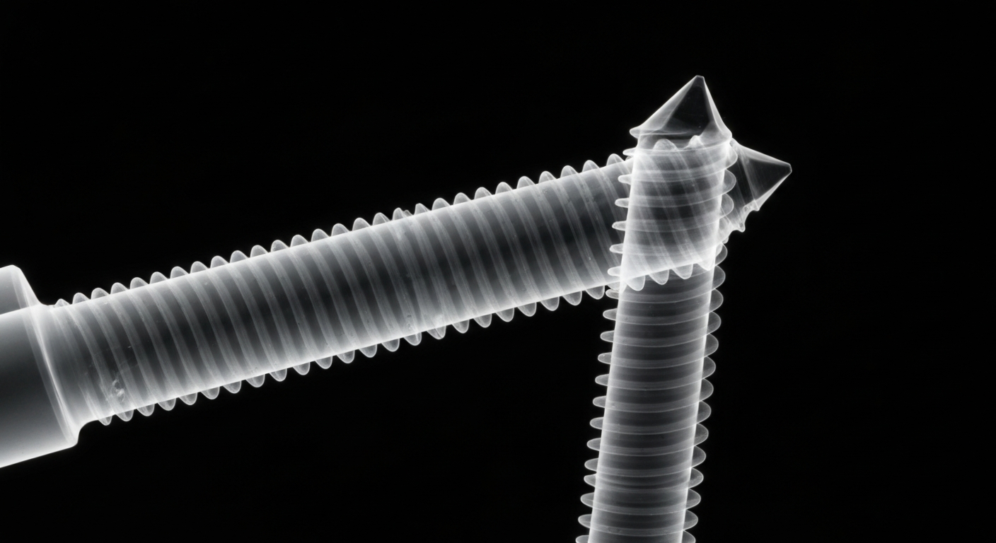 A ghostly, translucent X-ray photograph revealing the intricate internal structure of a compression screw, its threads and beveled head glowing against a dark background, conceptually illustrating the advanced design of Treace's new surgical implant.