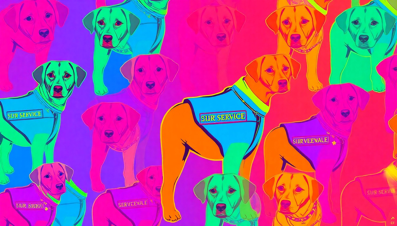 A vibrant, high-contrast silkscreen print of a service dog in a blue vest, repeated in a grid pattern with bold neon colors and heavy black outlines, capturing the celebratory spirit of the BluePath Service Dogs Walkathon.