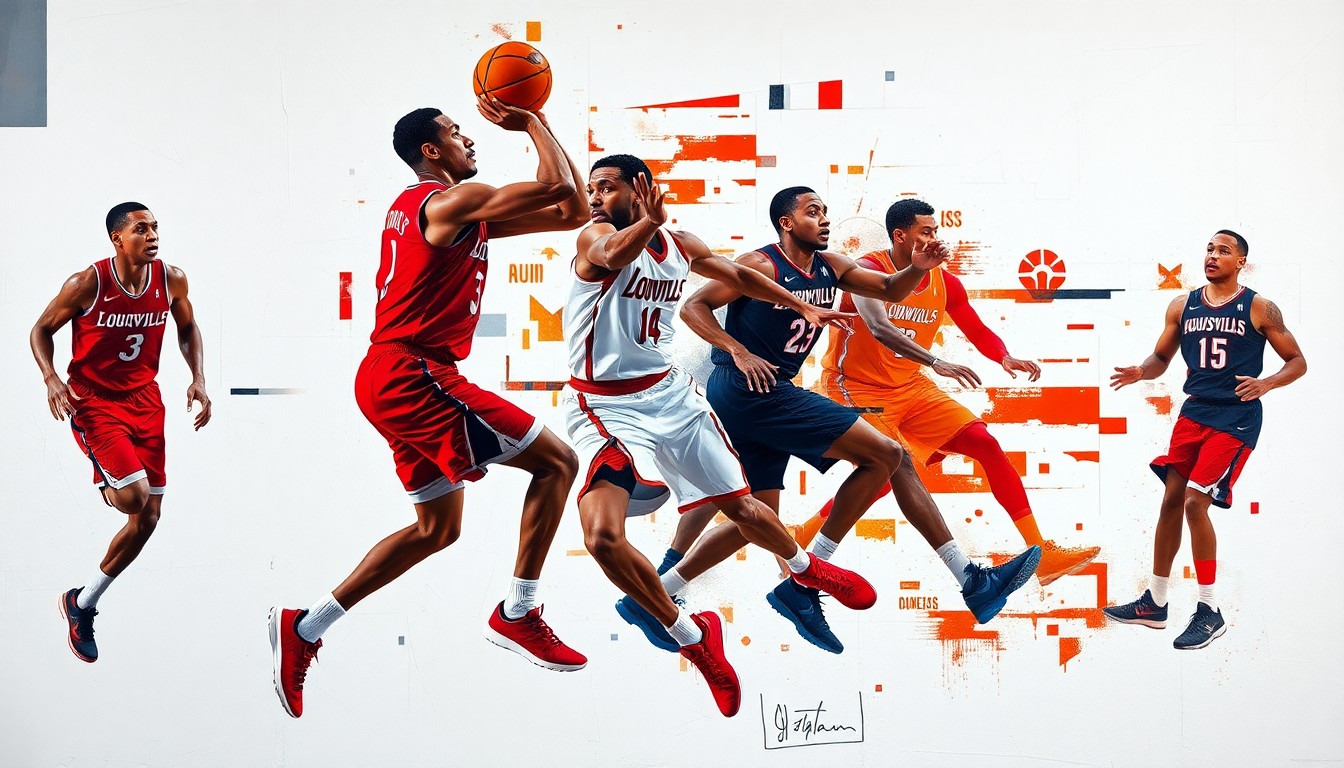 A cubist, geometric painting depicting the movements and actions of a basketball player in a Louisville Cardinals uniform, with the player's form broken down into sharp, overlapping planes of red, white, and black.