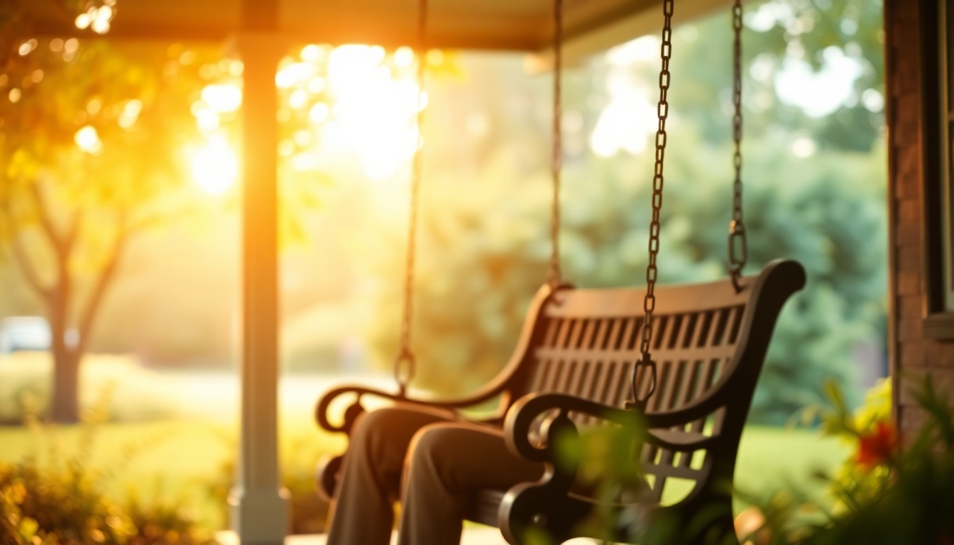 A blurred, dreamlike photograph of a man sitting on a porch swing, surrounded by out-of-focus greenery and warm, golden light, conveying a sense of tranquility and nostalgia.
