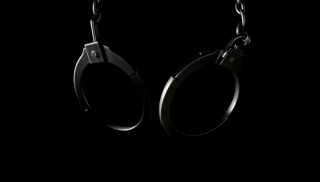 An extreme close-up photograph of a pair of handcuffs against a pitch-black background, lit by a harsh, direct camera flash, conceptually representing the physical restraint and abuse of power in this crime.