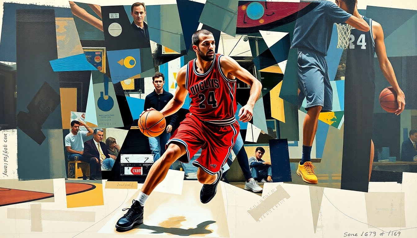 A cubist-style painting depicting a basketball player's movements broken down into sharp, overlapping geometric shapes and planes, creating a dynamic, fragmented visual representation of the sport's energy and motion.