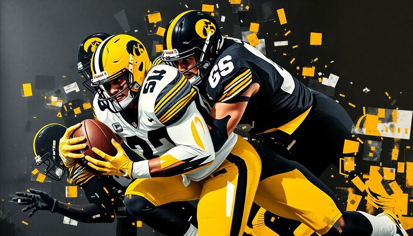 A fragmented, geometric painting depicting an Iowa defensive lineman making a tackle, with sharp planes of black, gold, and white representing the team's official colors.