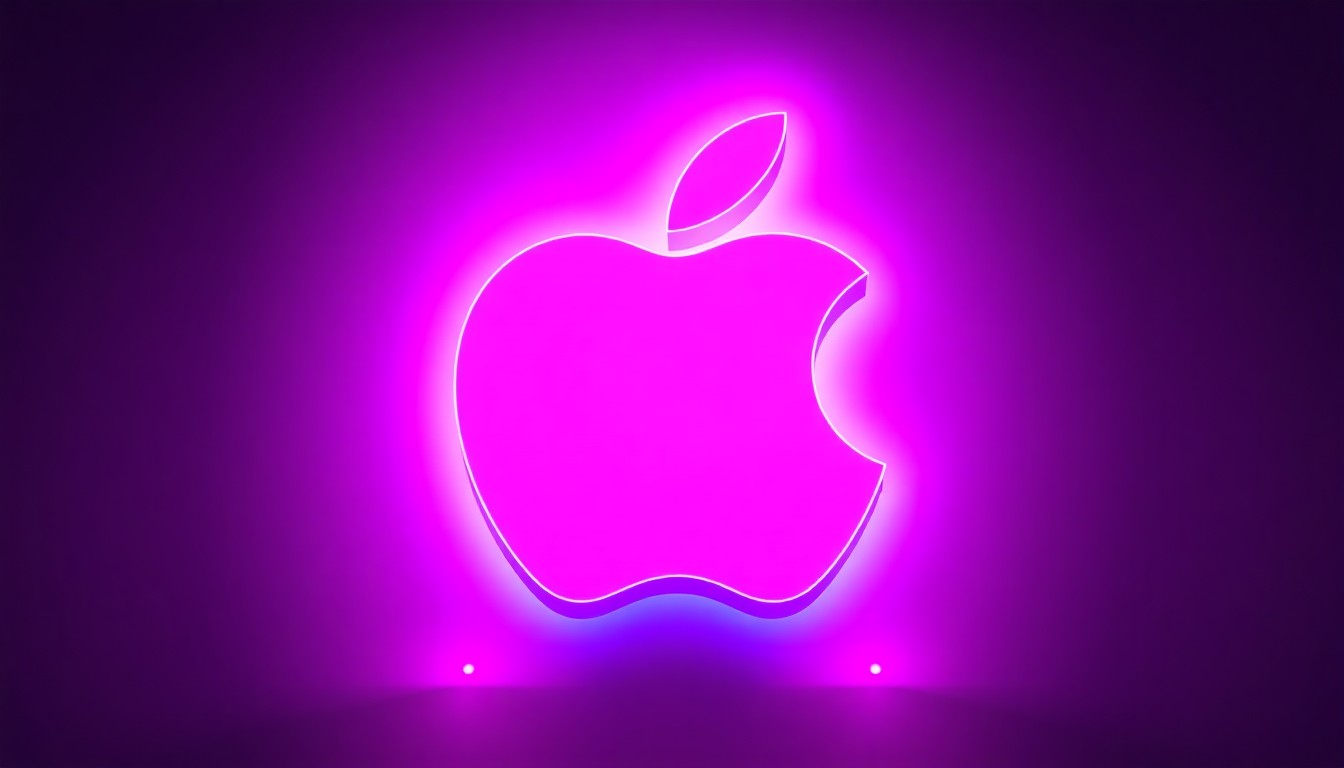 A highly detailed, glowing 3D illustration of Apple's iconic logo, with luminous neon cyan and magenta lights emanating from the shape, conceptually representing the company's technological prowess and AI-driven evolution.