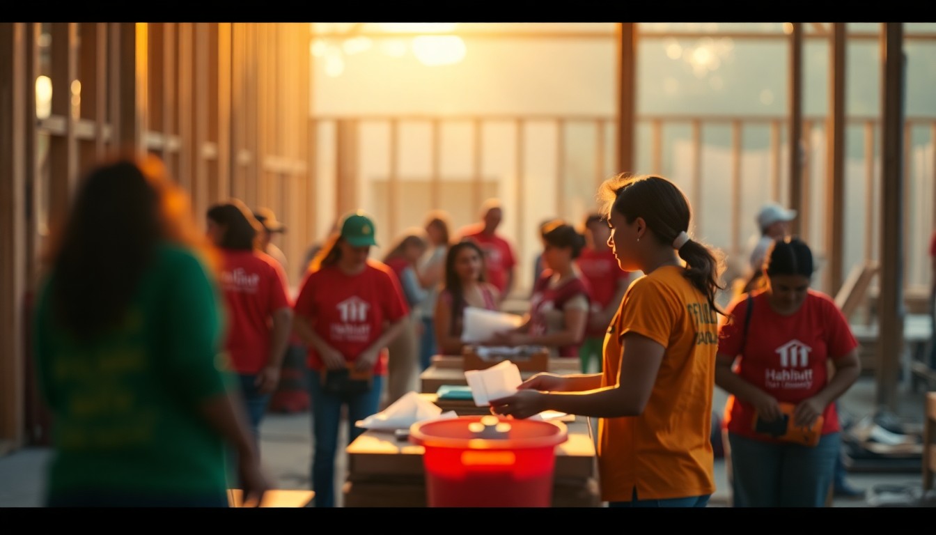 An abstract, impressionistic scene of blurred construction materials and tools, conveying the collaborative spirit of Habitat for Humanity volunteers working on a home build project.