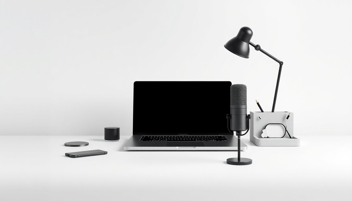 A high-end, photorealistic studio still-life photograph featuring a sleek laptop computer, a stylized microphone, and a minimalist desk organizer, all arranged elegantly on a clean, monochromatic background, conceptually representing the integration of cloud technology, communication, and customer experience management.