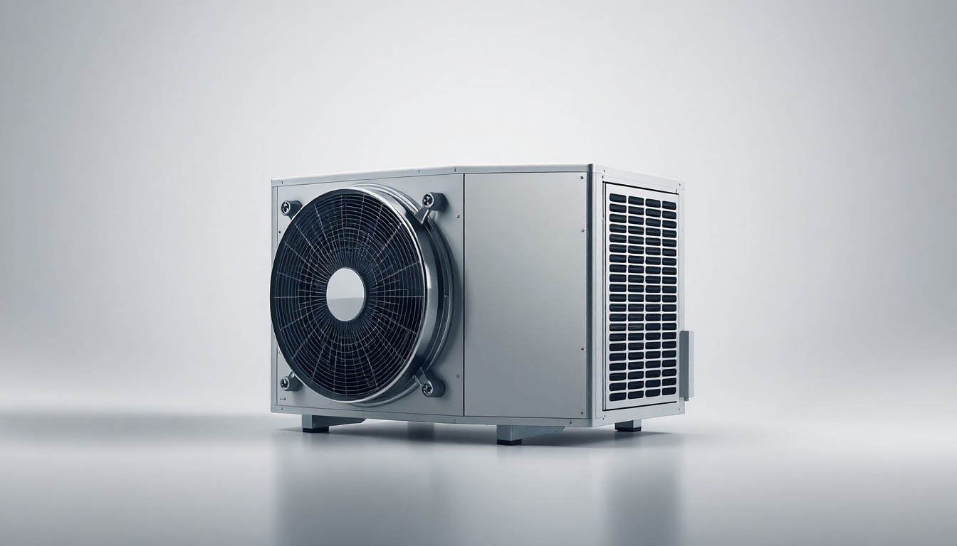 A close-up photograph of a sleek, modern air conditioning unit made of polished metal and glass, resting on a clean, monochromatic background, conveying the advanced technology and expertise of the Preferred Air Conditioning & Mechanical company.