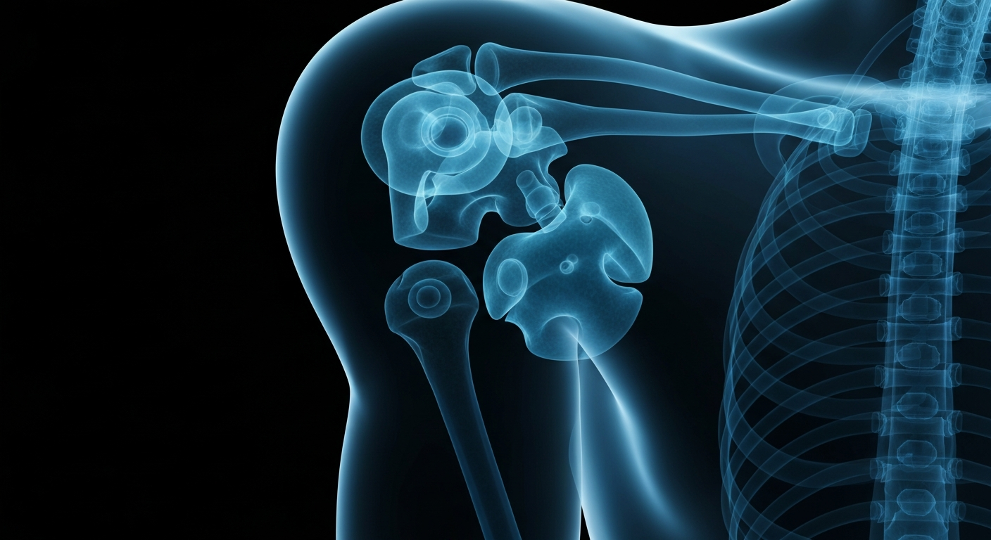 A ghostly, translucent X-ray image revealing the internal structure of a human shoulder joint, with the robotic components used in the surgery visible as faint, glowing shapes against a dark background, conceptually illustrating the innovative medical technology.