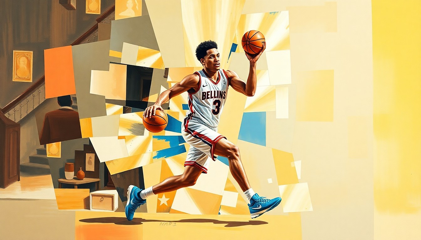 A fragmented, cubist-style painting depicting the abstract form of a basketball player in motion, with sharp geometric planes and overlapping perspectives conveying a sense of transition and change.