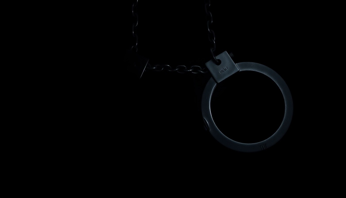 An extreme close-up photograph of a set of metal handcuffs against a pitch-black background, the harsh flash creating a stark, gritty, investigative aesthetic.