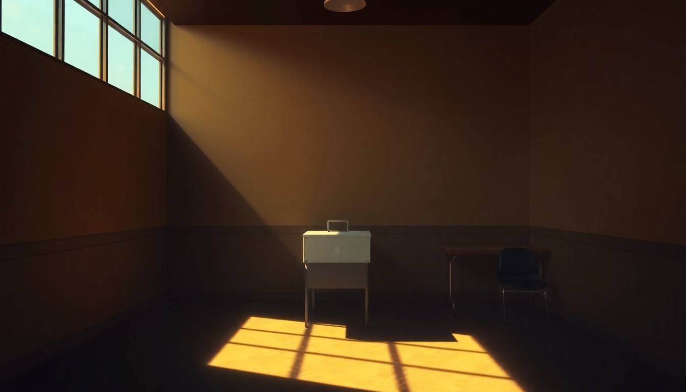 A serene, photorealistic painting depicting an empty polling place or ballot box in soft, warm lighting, conveying a sense of civic duty and the importance of local elections.