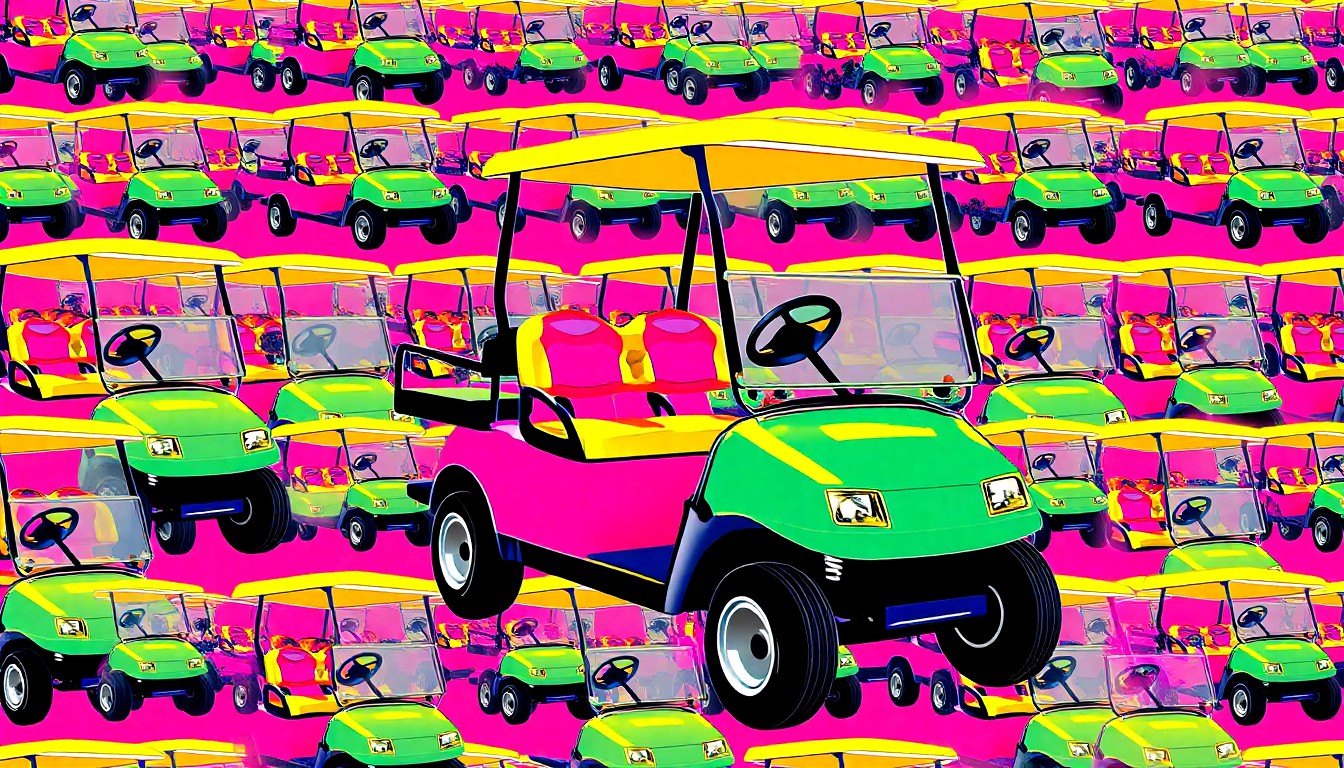 A bold, graphic image composed of multiple silkscreened golf carts in neon pink, yellow, and blue, conceptually representing the vibrant energy and transportation needs of spring break visitors to Myrtle Beach.