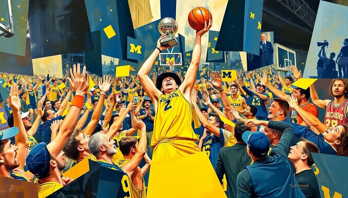 A cubist, geometric painting depicting the chaotic energy and triumph of the Michigan Wolverines winning the NCAA men's basketball national championship, with overlapping planes of color and form representing the various elements of the story.