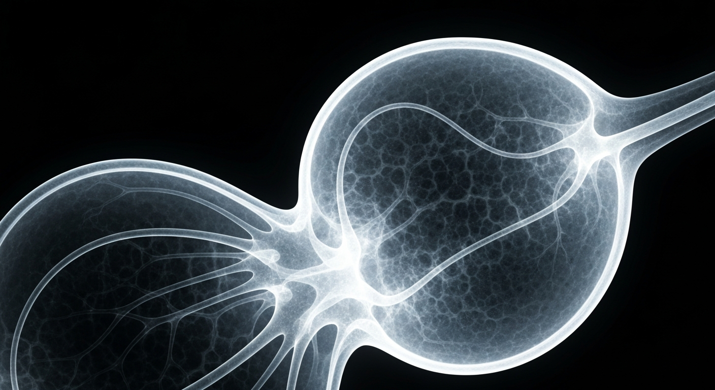An extreme close-up X-ray photograph of the intricate internal structure of a human bladder, with glowing, ghostly lines defining the organ's complex anatomy against a dark background, conceptually representing a new therapeutic approach for bladder cancer.