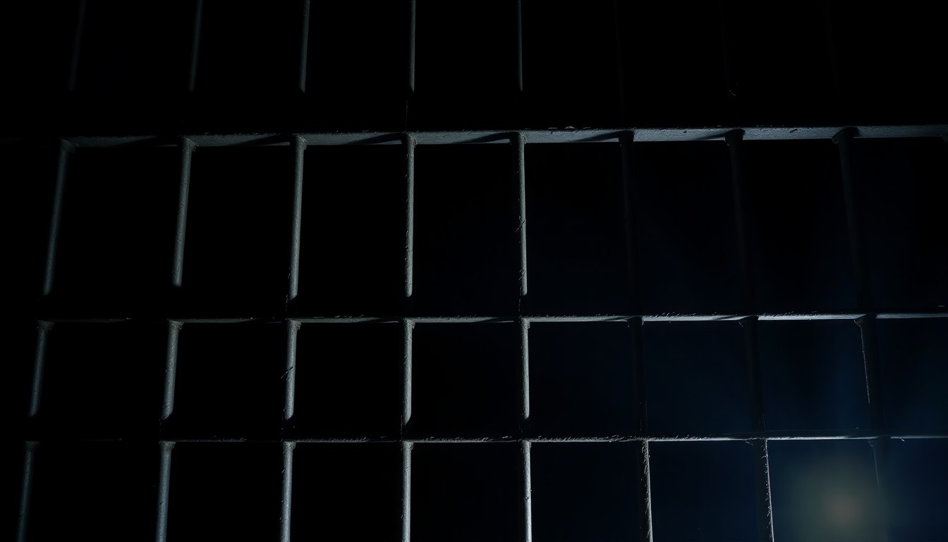 An extreme close-up photograph of a set of metal prison bars lit by a harsh, direct camera flash against a pitch-black background, creating a stark, gritty, investigative aesthetic.