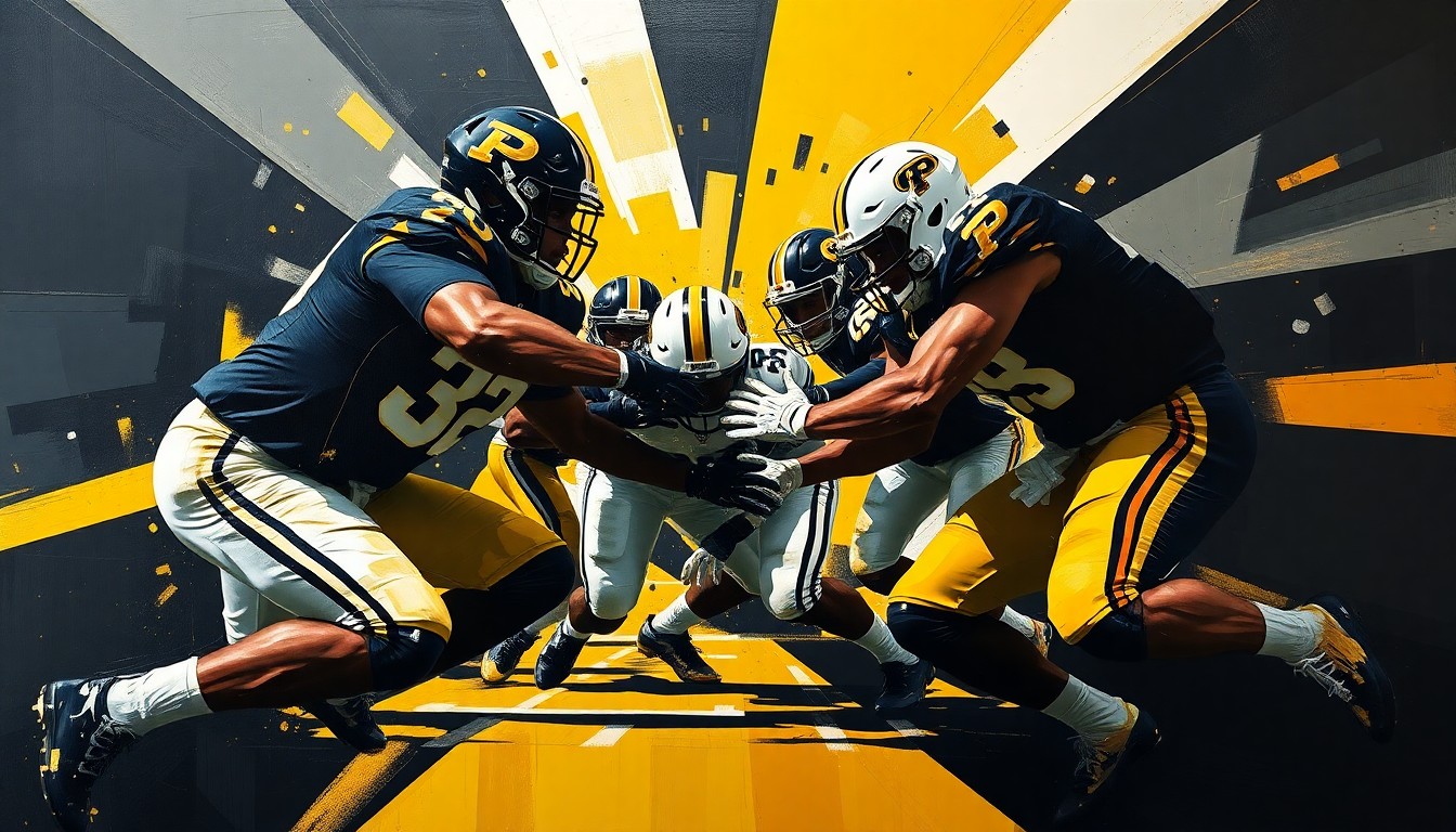 A cubist, geometric painting in Purdue's team colors of black, gold, and white, depicting a fragmented, multi-perspective view of a defensive football play, capturing the intensity and energy of the game.