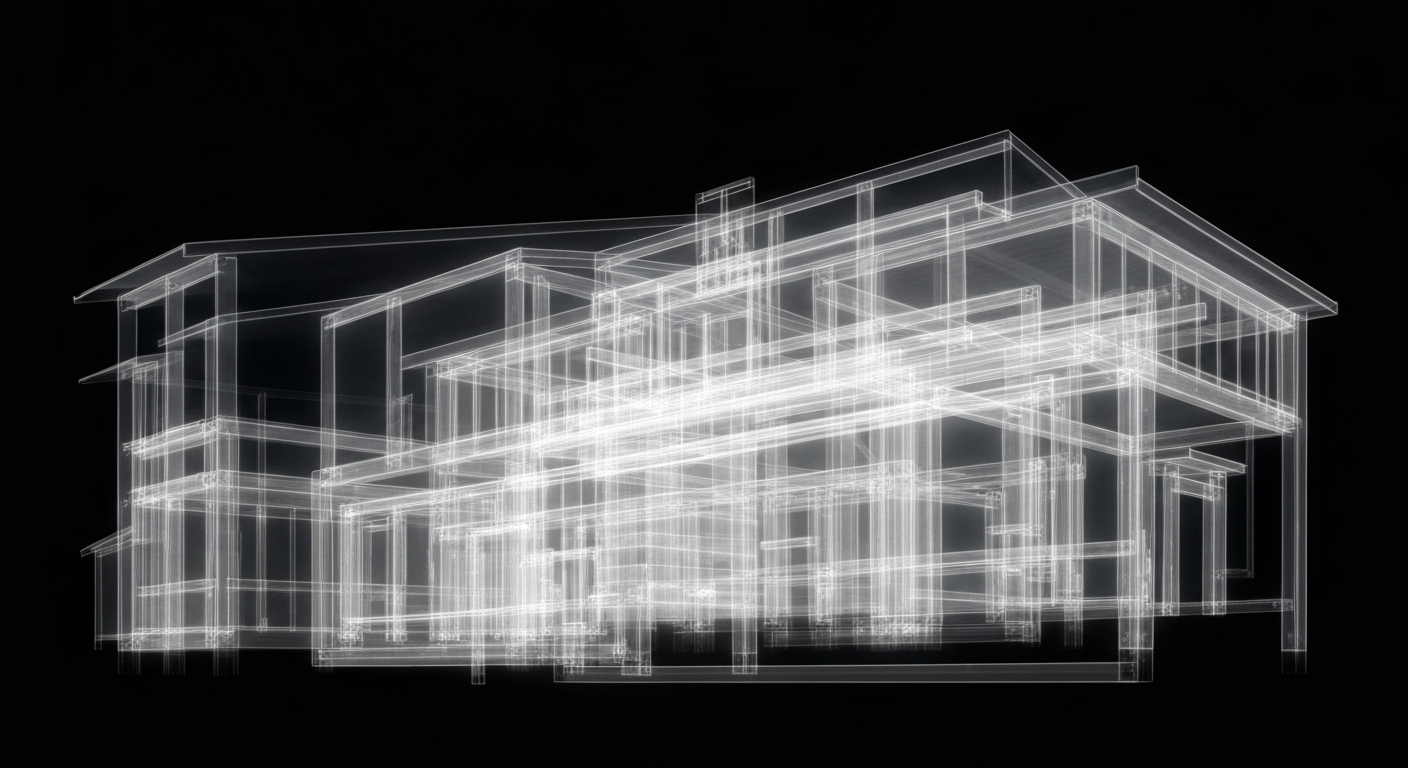 An X-ray-style illustration showing the internal structure of a rural medical clinic, with glowing lines and shapes representing the complex systems and services that will be supported by a new state initiative to improve healthcare in remote areas.