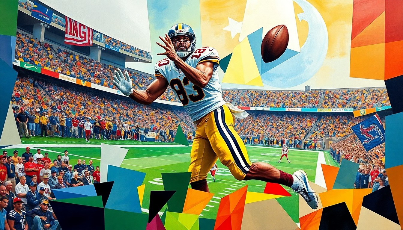 A fragmented, geometric painting depicting a football player in mid-catch, the scene broken down into sharp, overlapping planes of color representing the dynamic action of the sport.