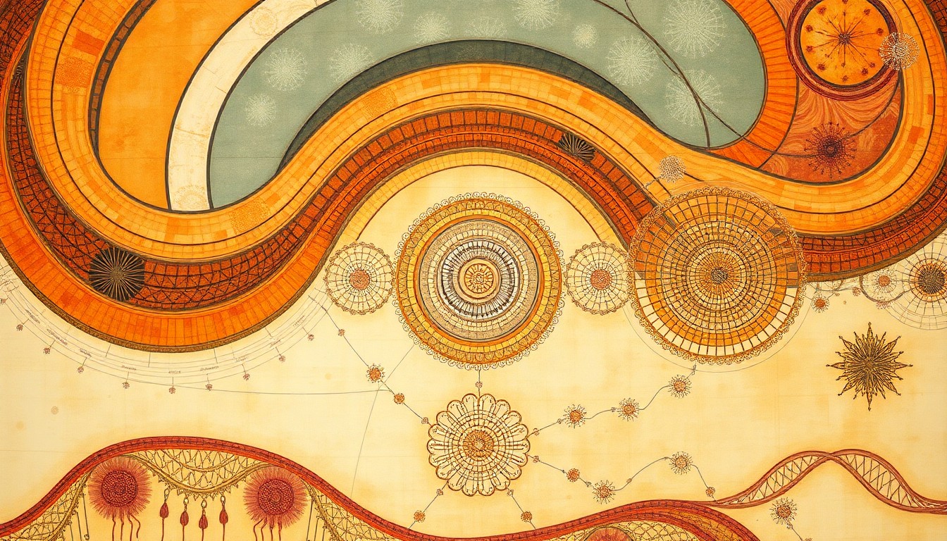 A vibrant, abstract painting featuring sweeping geometric shapes, concentric cellular structures, and precise botanical spirals in muted earth tones, conceptually representing the intricate biological processes involved in engineering consistent human tissues from genetically diverse patient samples.