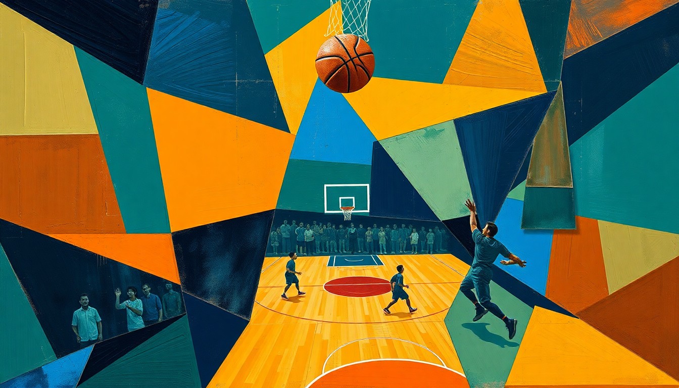 A fractured, geometric painting in navy, green, and orange hues, capturing the dynamic movements and overlapping perspectives of a basketball game in an abstract, cubist style.