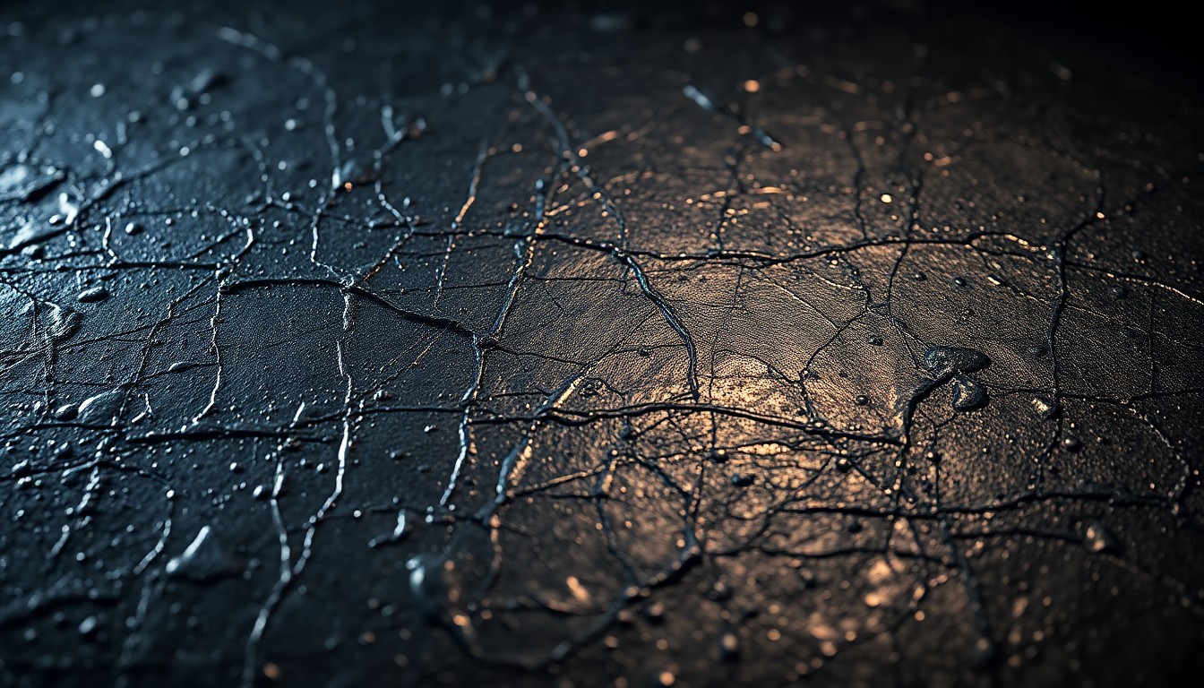 An extreme macro photograph of a highly reflective, metallic surface with dramatic shadows and highlights, capturing the visceral energy of heavy metal music in an abstract, textural composition.