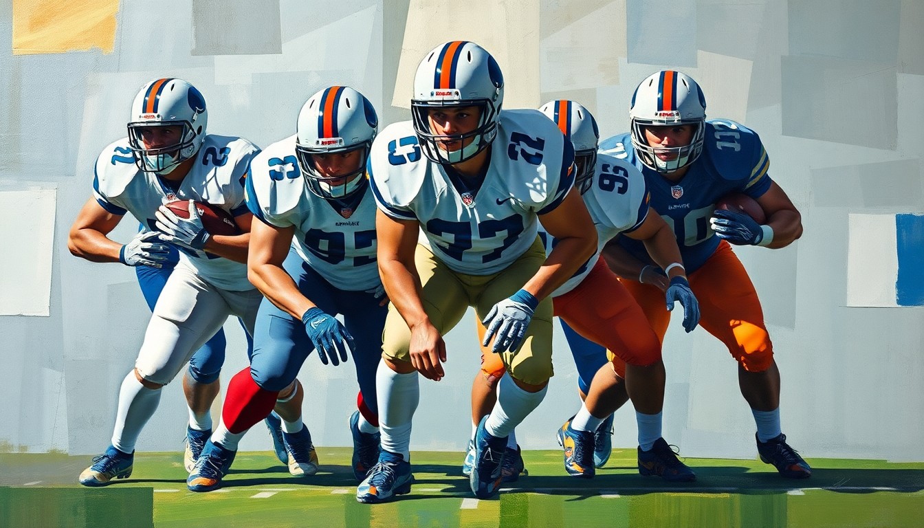 A fractured, multi-perspective painting depicting a football offensive line broken down into sharp, overlapping geometric shapes and planes of color, capturing the movement and energy of the line.