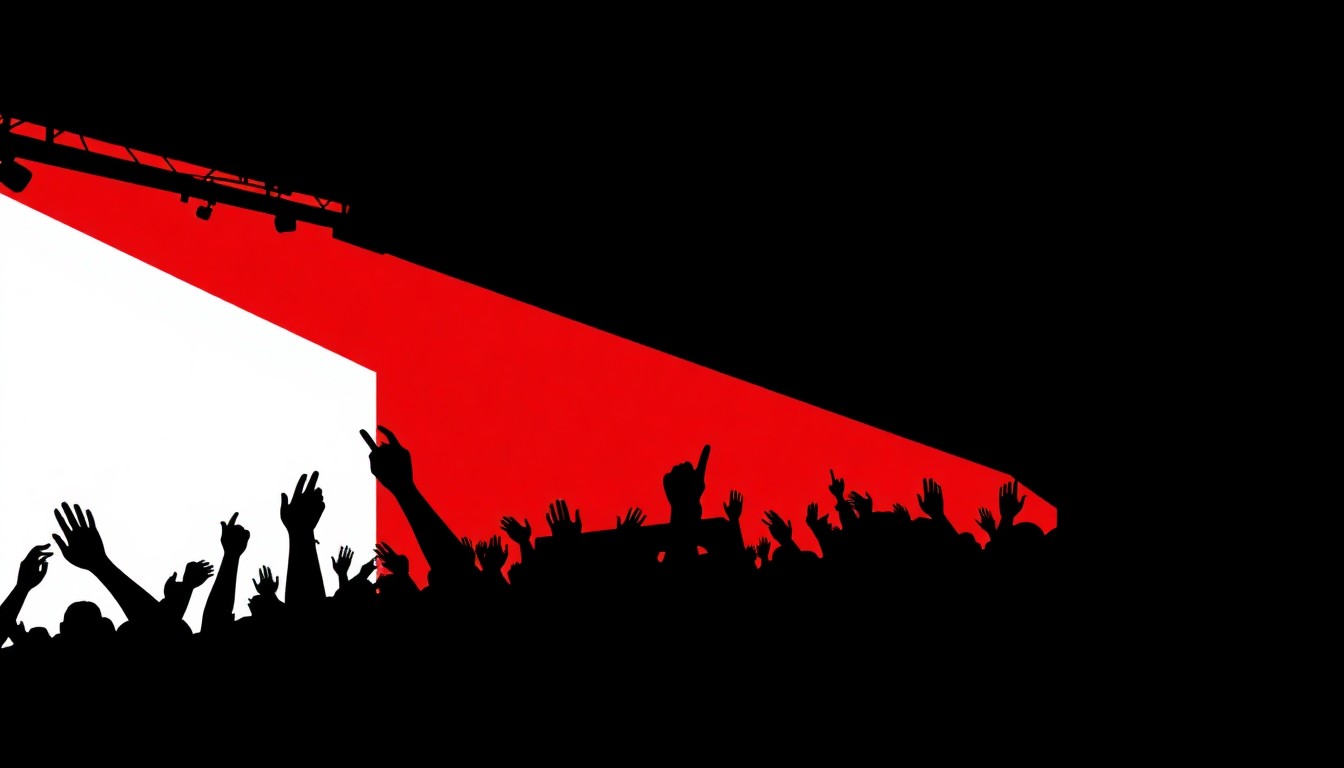 An abstract, minimalist illustration using bold black shapes and contrasting red and white colors to represent the energy and community of a Christian music festival.