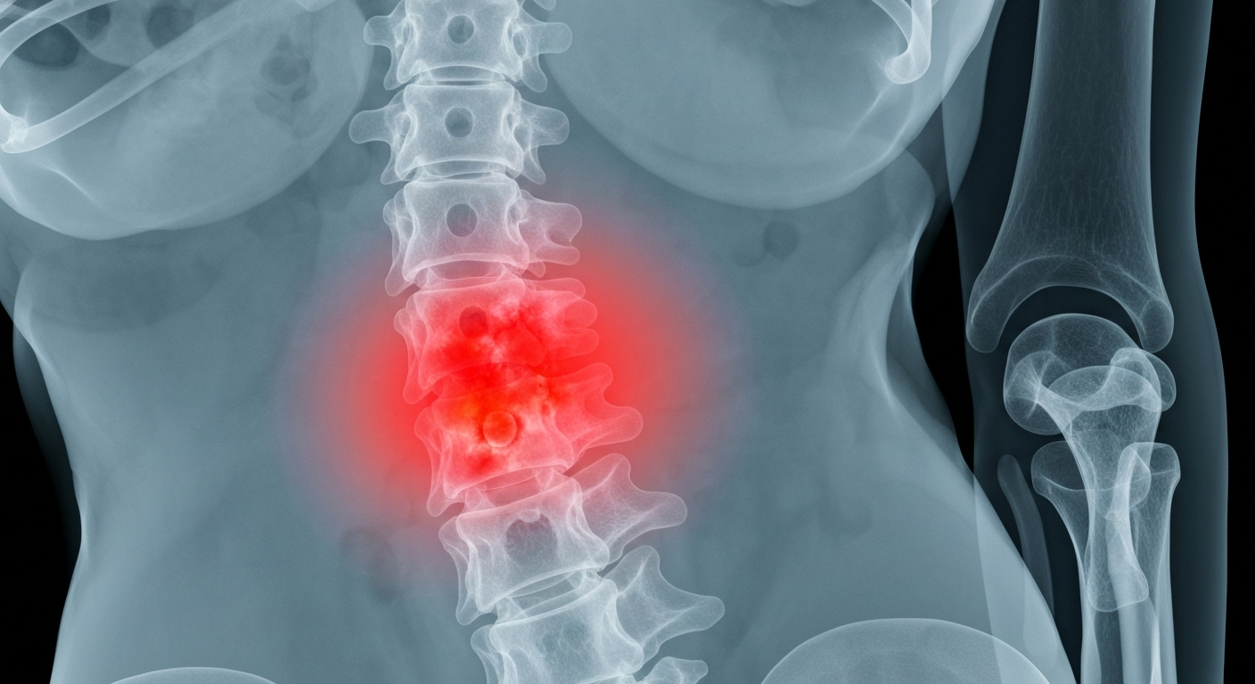 A ghostly, translucent X-ray image showing the internal structure of a human spine, with areas of inflammation and damage visible, representing the effects of the autoimmune disease axial spondyloarthritis.