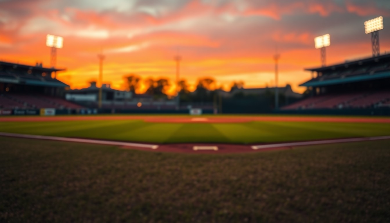 An abstract, impressionistic photograph of a baseball field at dusk, with soft, blurred pools of warm light and color, conveying a sense of community and recreation.