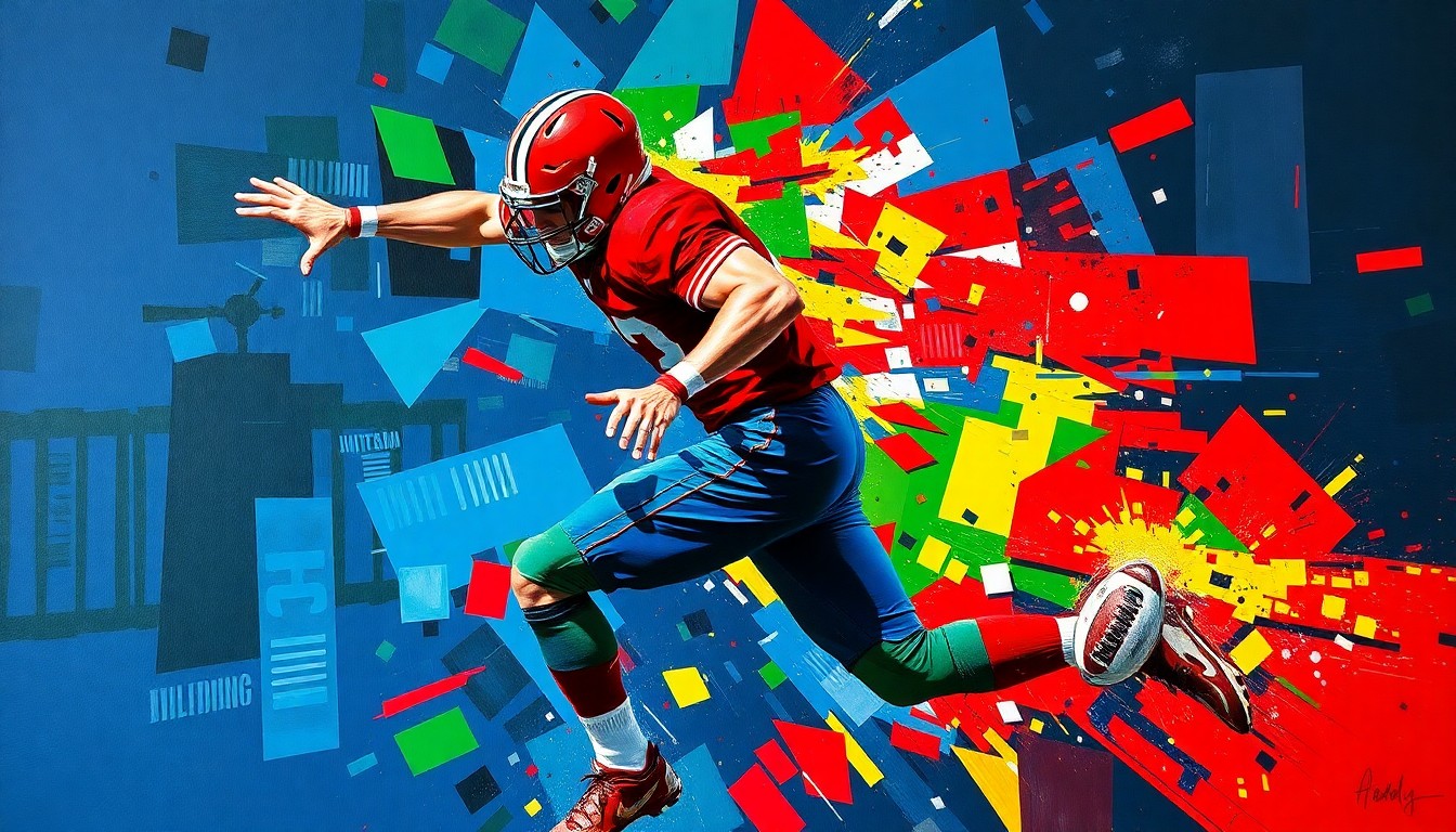 A cubist-style painting depicting the explosive movements and energy of a football player, with sharp geometric shapes and planes in vibrant colors like navy, green, and red.