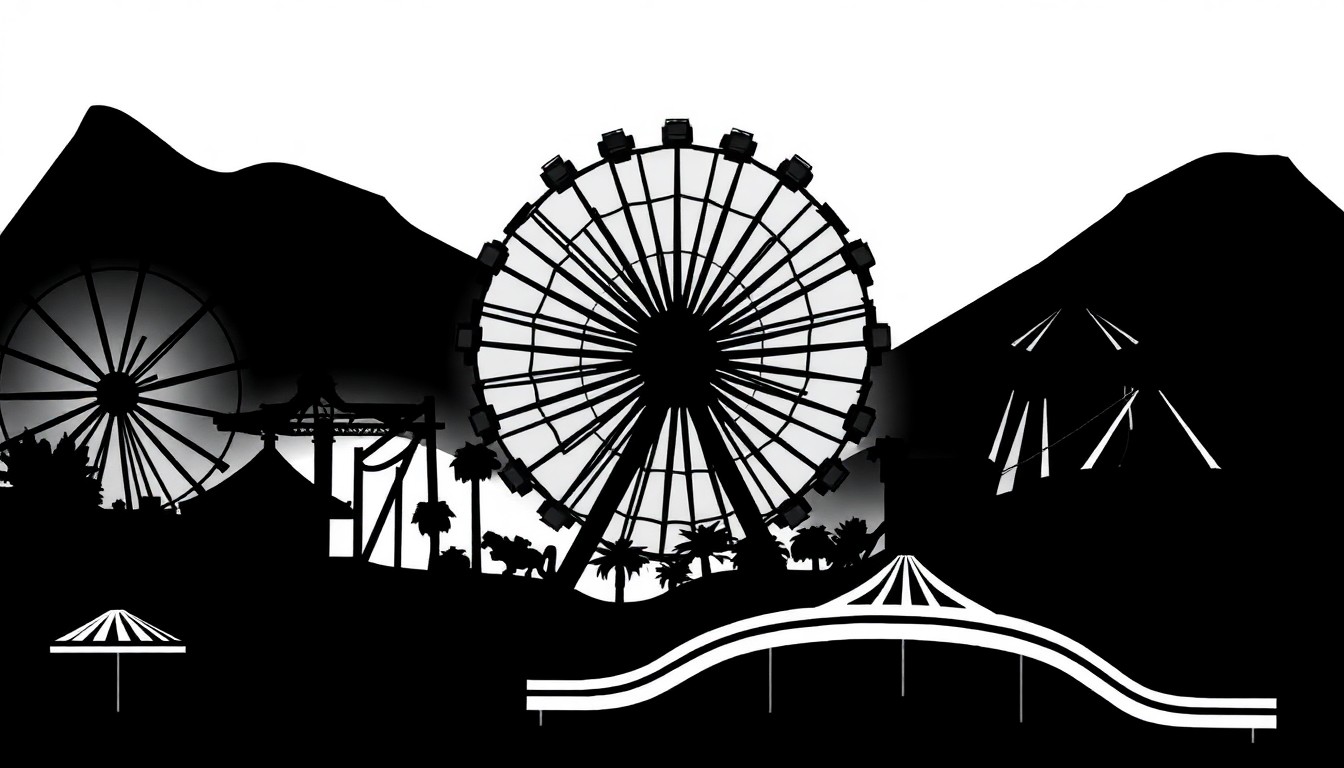 A minimalist, abstract illustration featuring bold, geometric black shapes against a stark white background, conceptually representing the iconic silhouettes of classic Southern California theme park rides and attractions.