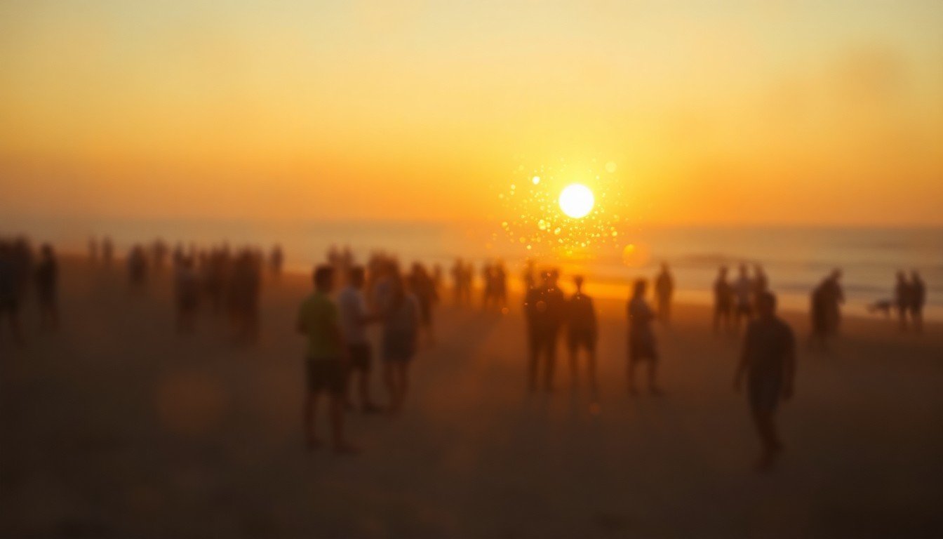 An impressionistic, out-of-focus scene of people gathered on a beach at sunset, with soft pools of warm golden light and muted colors, capturing the mood and atmosphere of a beloved summer community.