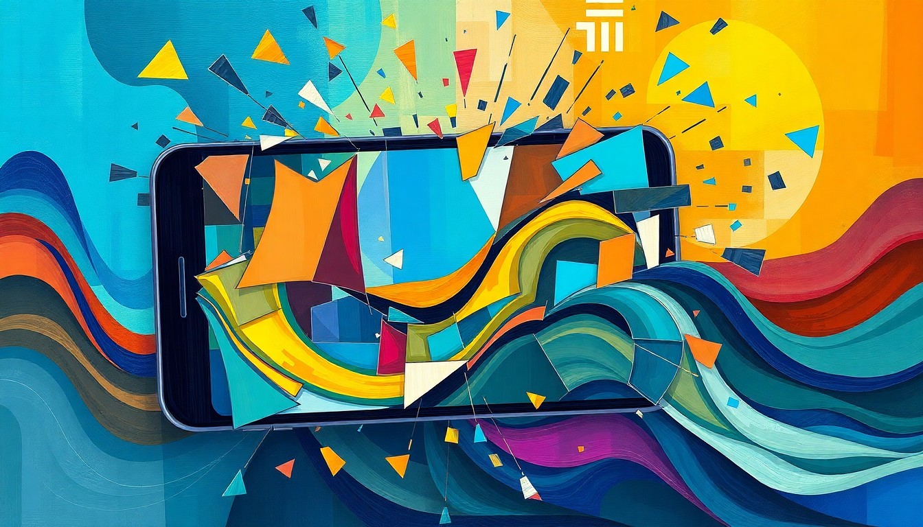 A dynamic, abstract painting of a smartphone screen breaking apart into overlapping, geometric shards of color, conveying the disruptive and fragmented effects of technology on young people's lives.