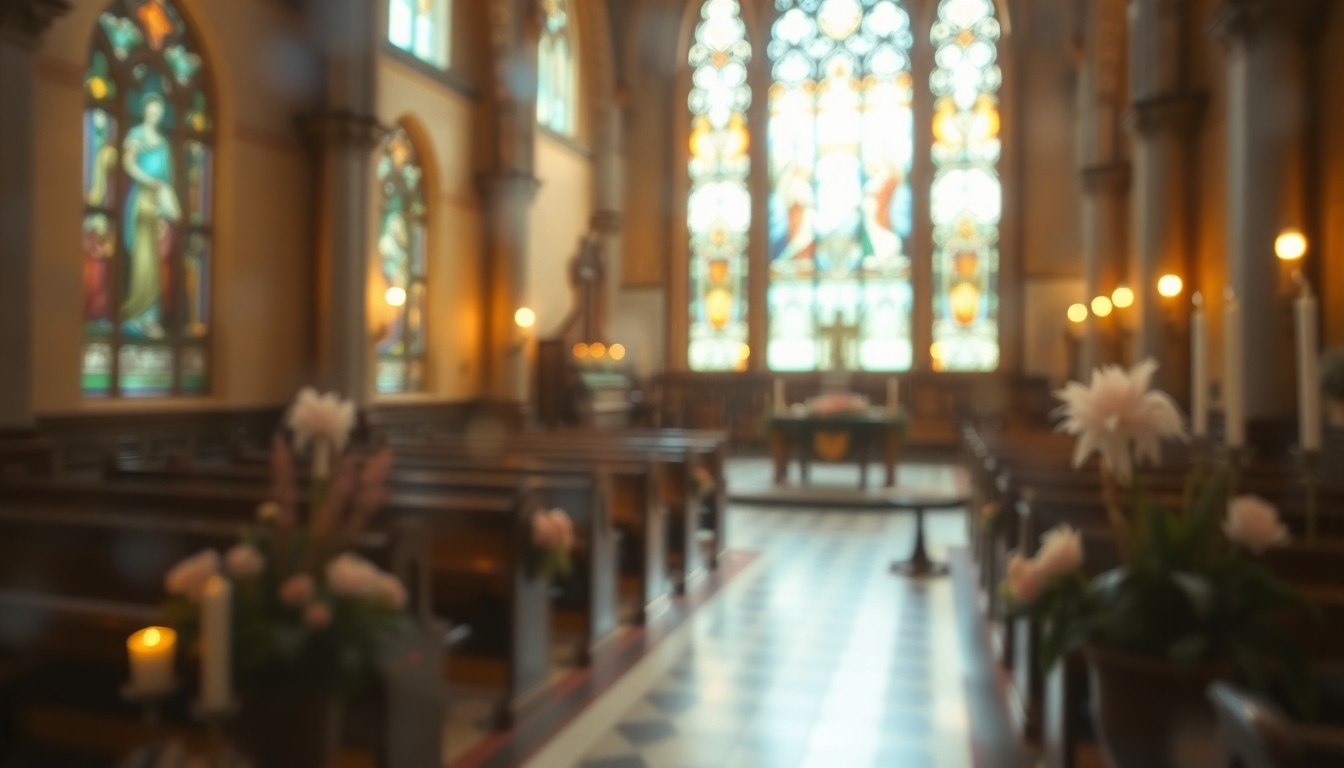 An extremely blurred, out-of-focus photograph depicting the warm, soft glow of candlelight and floral arrangements in a church interior, conveying a sense of reverence and community.