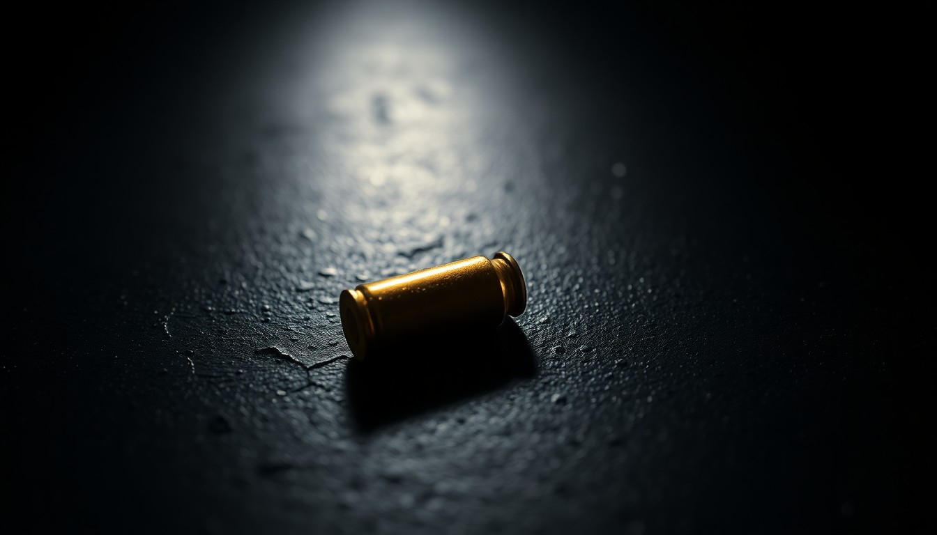 An extreme close-up photograph of a single spent bullet casing on a dark, textured surface, lit by a harsh, direct camera flash, conceptually representing the physical evidence from a drug-related shooting incident.