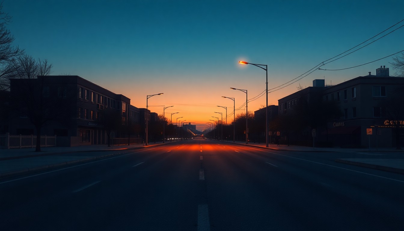 A dimly lit, cinematic city street scene with warm, diagonal shadows cast by a single streetlight, conceptually representing the tense relationship between a local government and the independent press.