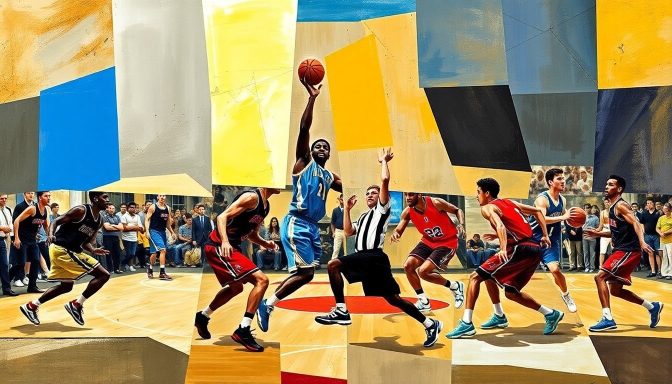 A cubist, geometric painting depicting the dynamic movement and energy of a basketball game, with the players' figures broken down into abstract shapes and forms.