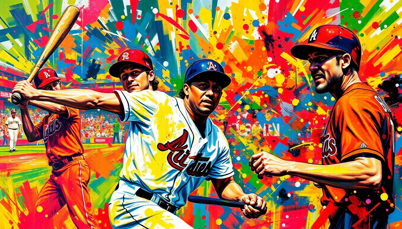 An abstract, expressionist painting in vibrant neon colors, with rapid brushstrokes and splatters capturing the dynamic motion and energy of a baseball game, without any recognizable players or logos.